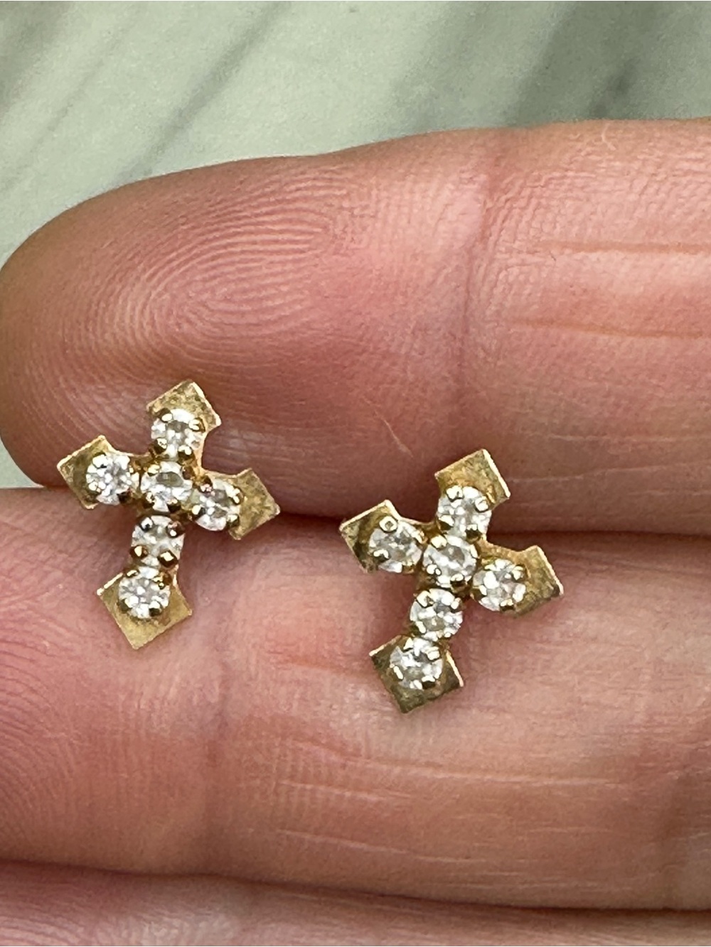Vintage 14K Yellow Gold CZ Cross Stud Earrings Petite Kids / Baby 0.6g